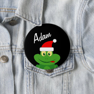 Christmas party name buttons with funny Santa frog