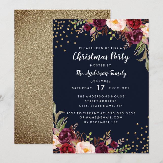 Christmas Party Navy Burgundy Gold Floral Invite (Front/Back)