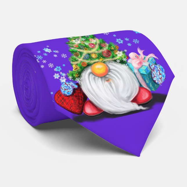 Christmas Party Neck Tie Happy Gnome with Gift (Rolled)