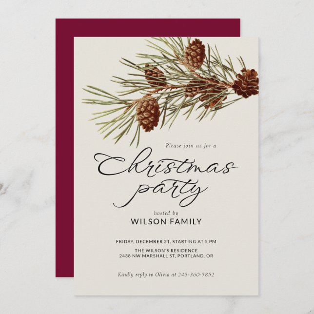 Christmas Party Pine Branch Modern Script Holiday Invitation (Front/Back)