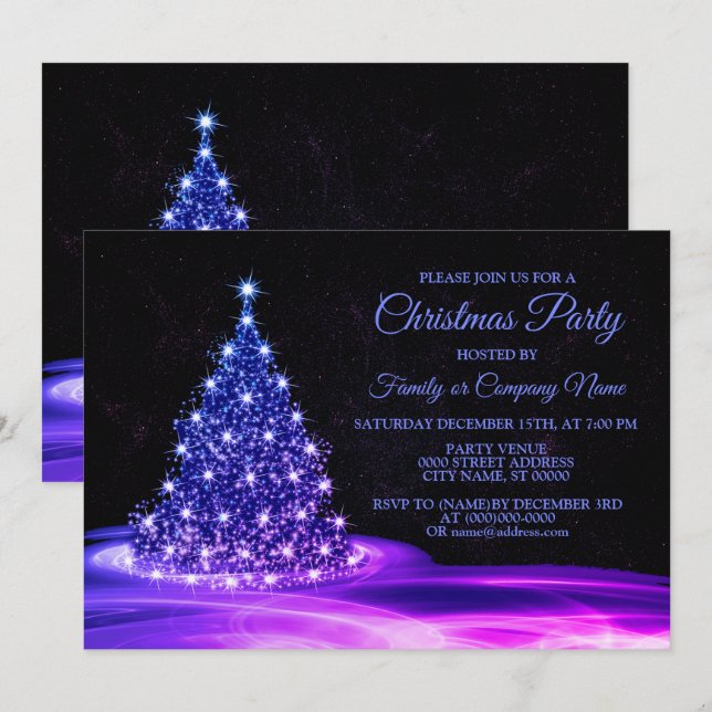 Christmas Party Pink Blue Shiny Tree Winter Black Invitation (Front/Back)
