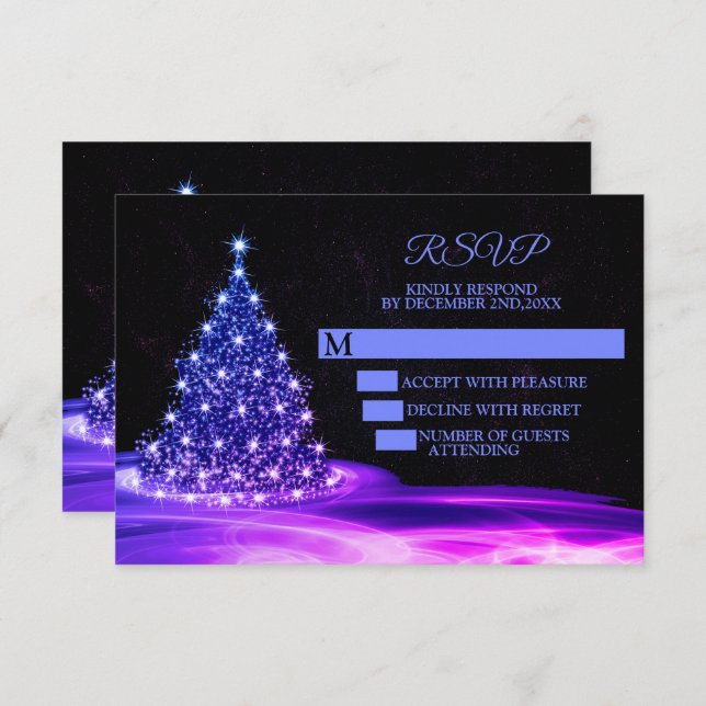 Christmas Party Pink Blue Shiny Tree Winter Black RSVP Card (Front/Back)