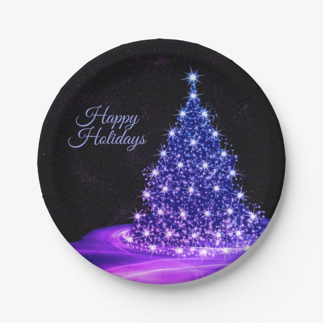 Christmas Party Pink Blue Tree Winter Black Rustic Paper Plate (Front)