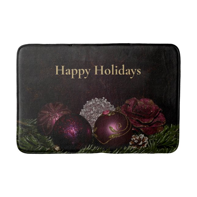 Christmas Party Pink Ornament Green Leaves Black Bath Mat (Front)