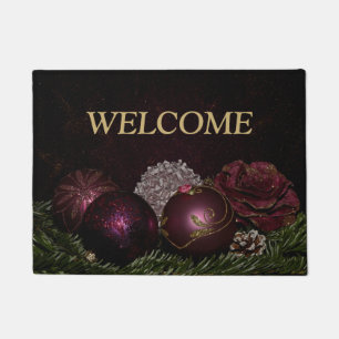 Christmas Party Pink Ornament Green Leaves Black Doormat