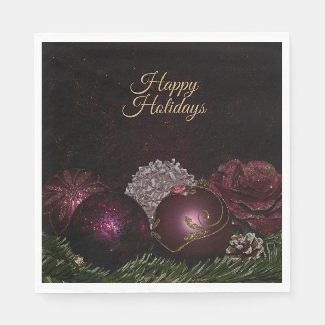 Christmas Party Pink Ornament Green Leaves Black Napkin (Front)