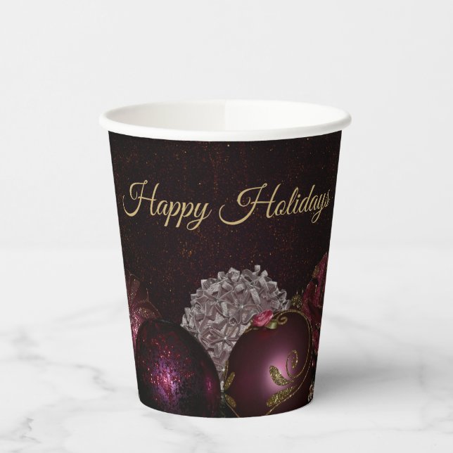 Christmas Party Pink Ornament Green Leaves Black Paper Cups (Left)