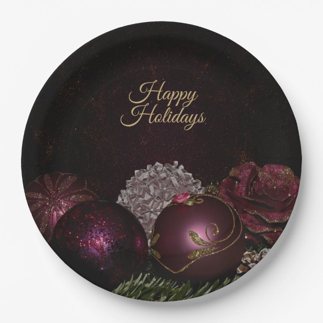 Christmas Party Pink Ornament Green Leaves Black Paper Plate (Front)