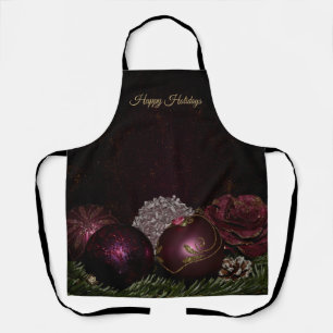 Christmas Party Pink Ornaments Green Leaves Black Apron
