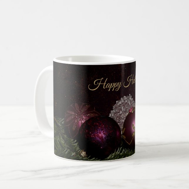 Christmas Party Pink Ornaments Green Leaves Black Coffee Mug (Front Left)