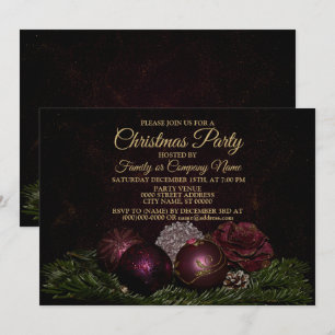 Christmas Party Pink Ornaments Green Leaves Black Invitation