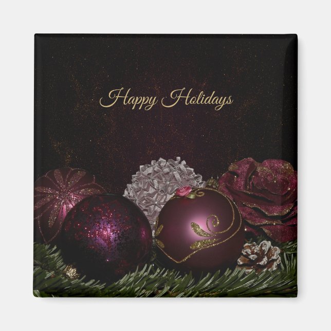 Christmas Party Pink Ornaments Green Leaves Black Magnet (Front)