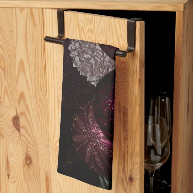 Christmas Party Pink Ornaments Green Leaves Black Tea Towel (Thirds Fold)