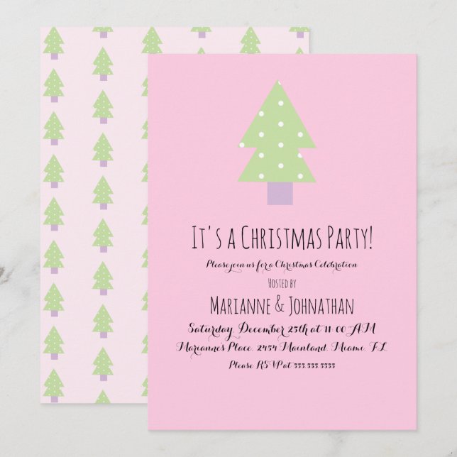 Christmas Party Pink Pastel Tree Invitation (Front/Back)