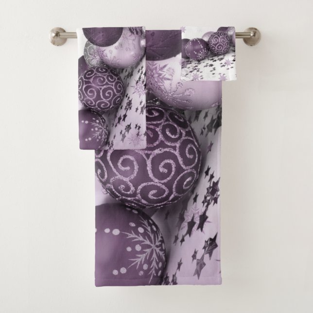 Christmas Party Pink Purple Ornament Snowflakes Bath Towel Set (Insitu)