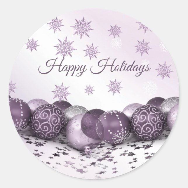 Christmas Party Pink Purple Ornament Snowflakes Classic Round Sticker (Front)