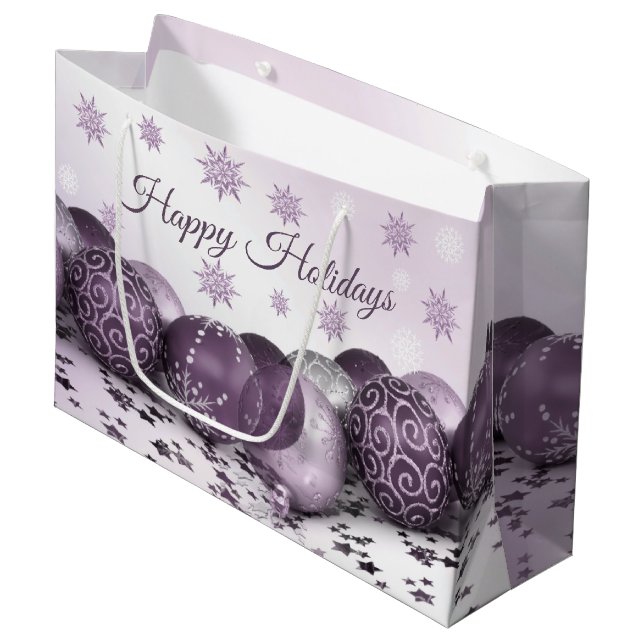 Christmas Party Pink Purple Ornament Snowflakes Large Gift Bag (Front Angled)