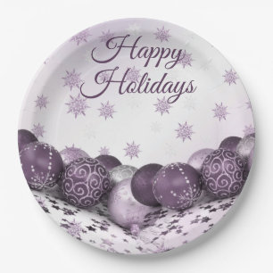 Christmas Party Pink Purple Ornament Snowflakes Paper Plate