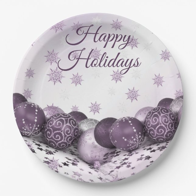 Christmas Party Pink Purple Ornament Snowflakes Paper Plate (Front)