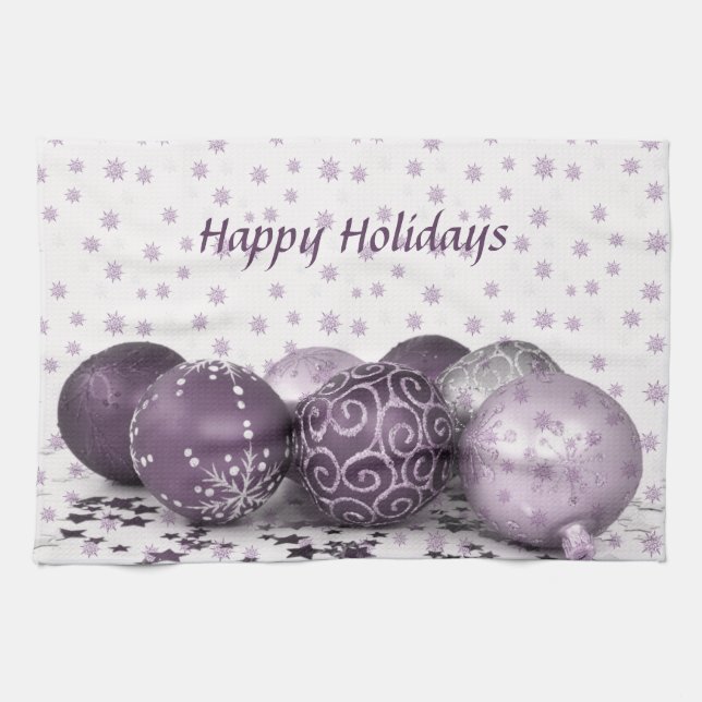 Christmas Party Pink Purple Ornaments Snowflakes Tea Towel (Horizontal)