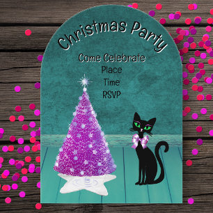 Christmas Party Pink Tree Black Cat Teal Room Acrylic Invitations