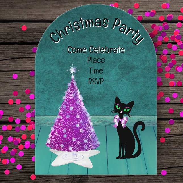 Christmas Party Pink Tree Black Cat Teal Room Acrylic Invitations (Pink silver tree star rug black cat with bow in teal room on acrylic Christmas party invitations.)