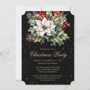 Christmas Party Poinsettia Holly Red Berries Black Invitation
