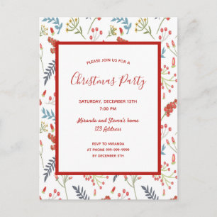 Christmas party red berries white blue invitation postcard