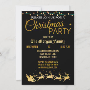 Christmas Party, Red Black Gold Merry Christmas Invitation