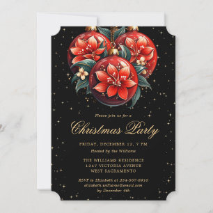 Christmas Party Red Botanical Ornaments Black Invitation