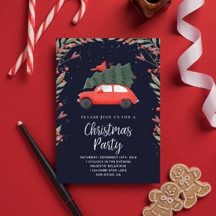 Christmas Party Red Car & Green Pine Snowy Invitation