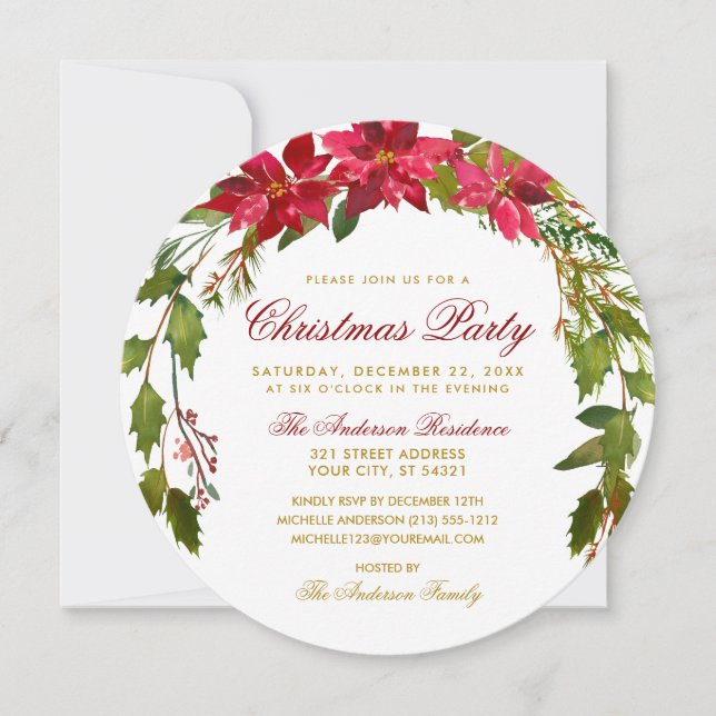Christmas Party Red Floral Poinsettia Round Invitation (Front)