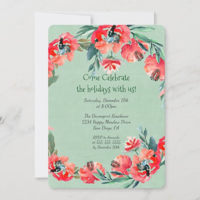 Christmas Party Red Floral Wreath Invitation (Front)