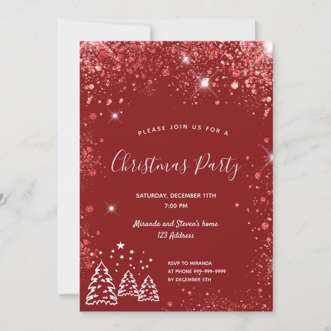 Christmas party red glitter invitation (Front)