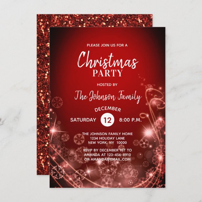 CHRISTMAS PARTY Red Glitter White Snowflakes Snow Invitation (Front/Back)