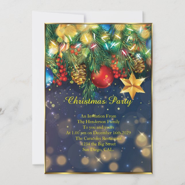Christmas party red gold Blue Green baubles star Invitation (Front)