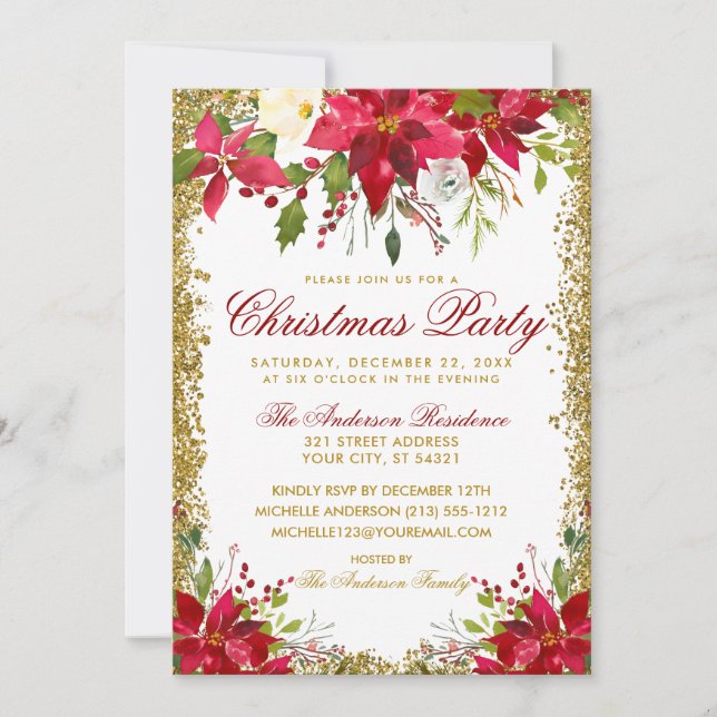 Christmas Party Red Gold Glitter Poinsettia Floral Invitation (Front)