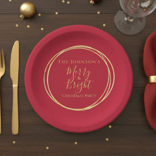 Christmas Party Red Gold Paper Plate