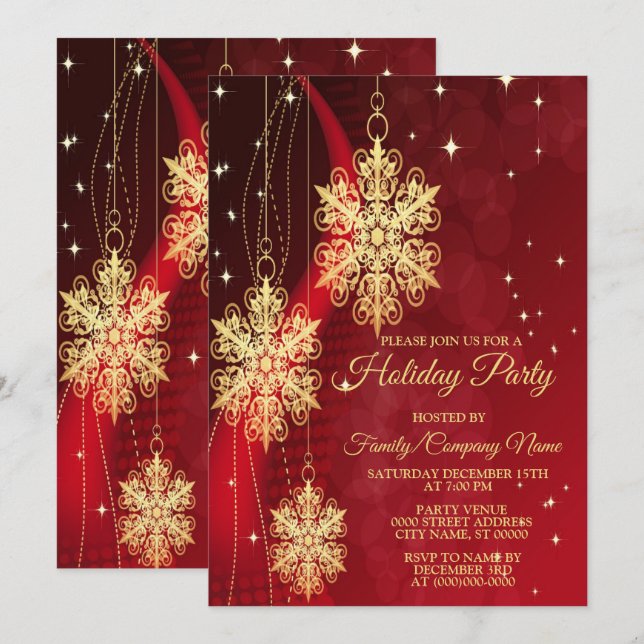 Christmas Party Red Golden Snowflakes Holiday Invitation (Front/Back)