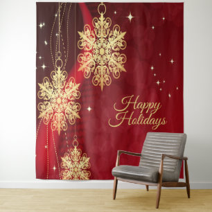 Christmas Party Red Golden Snowflakes Holiday Tapestry