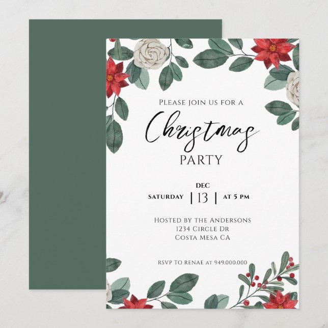 Christmas Party Red Green Floral Invitation (Front/Back)