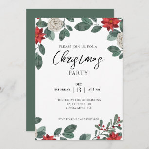 Christmas Party Red Green Floral Invitation