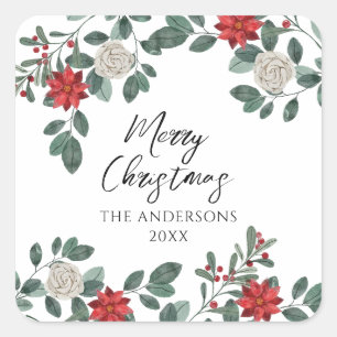Christmas Party Red Green Floral Square Sticker