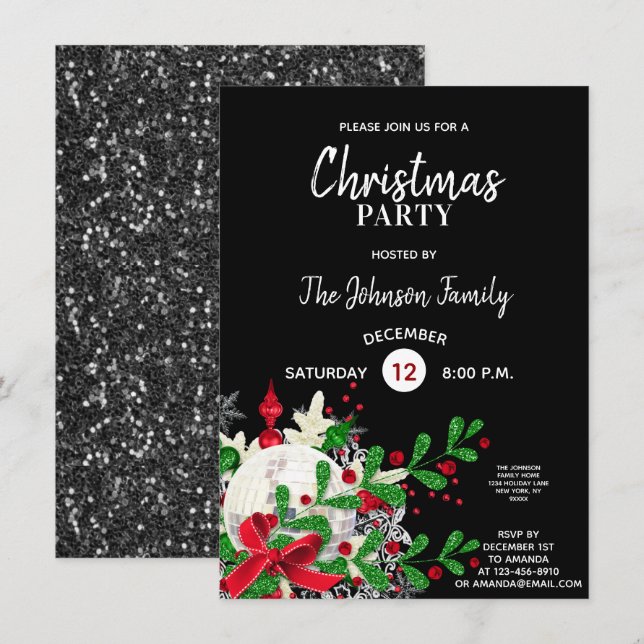 CHRISTMAS PARTY Red Green Glitter DISCO ball Invitation (Front/Back)
