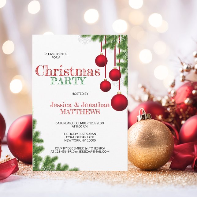 CHRISTMAS PARTY Red Green Ornament Pine Snow Invitation (CHRISTMAS PARTY Red Green Ornament Pine Snow Invitation)