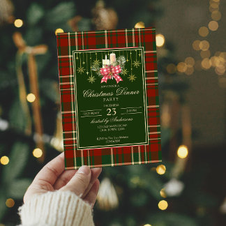 Christmas party red green plaid pine bow elegant invitation