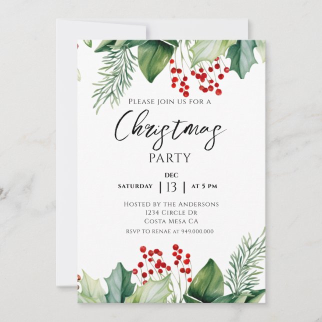 Christmas Party Red Greenery Invitation (Front)