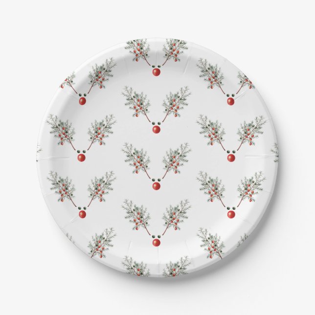 Christmas Party Red Nosed Reindeer Pine Berries Paper Plate (Front)