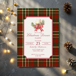Christmas party red plaid pine bow elegant invitation