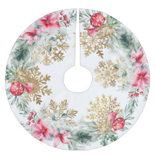 Christmas Party Red Poinsettia Brushed Polyester Tree Skirt